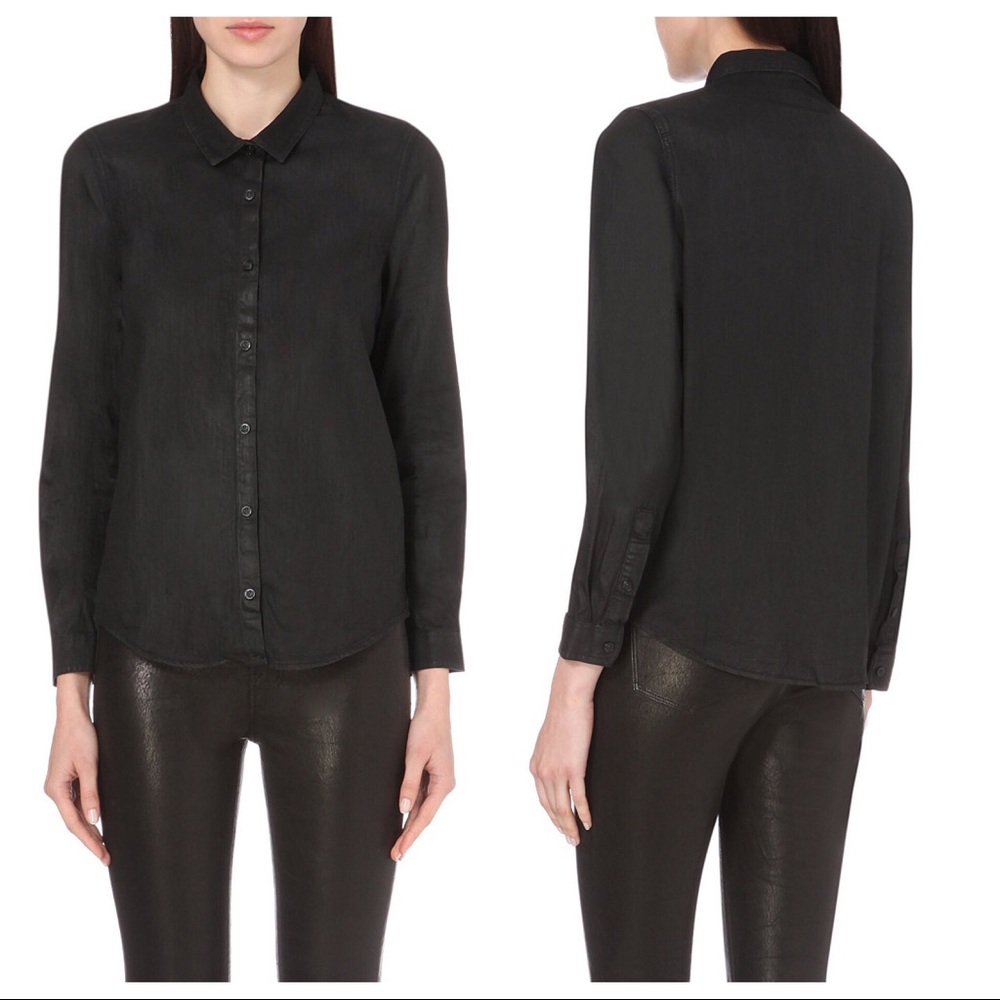Kooples black waxed denim LS button down shirt